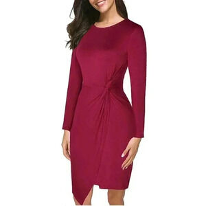 𝅺New Lamilus Wine Knit Asymmetric Twist Front Long Sleeve Fitted Dress
